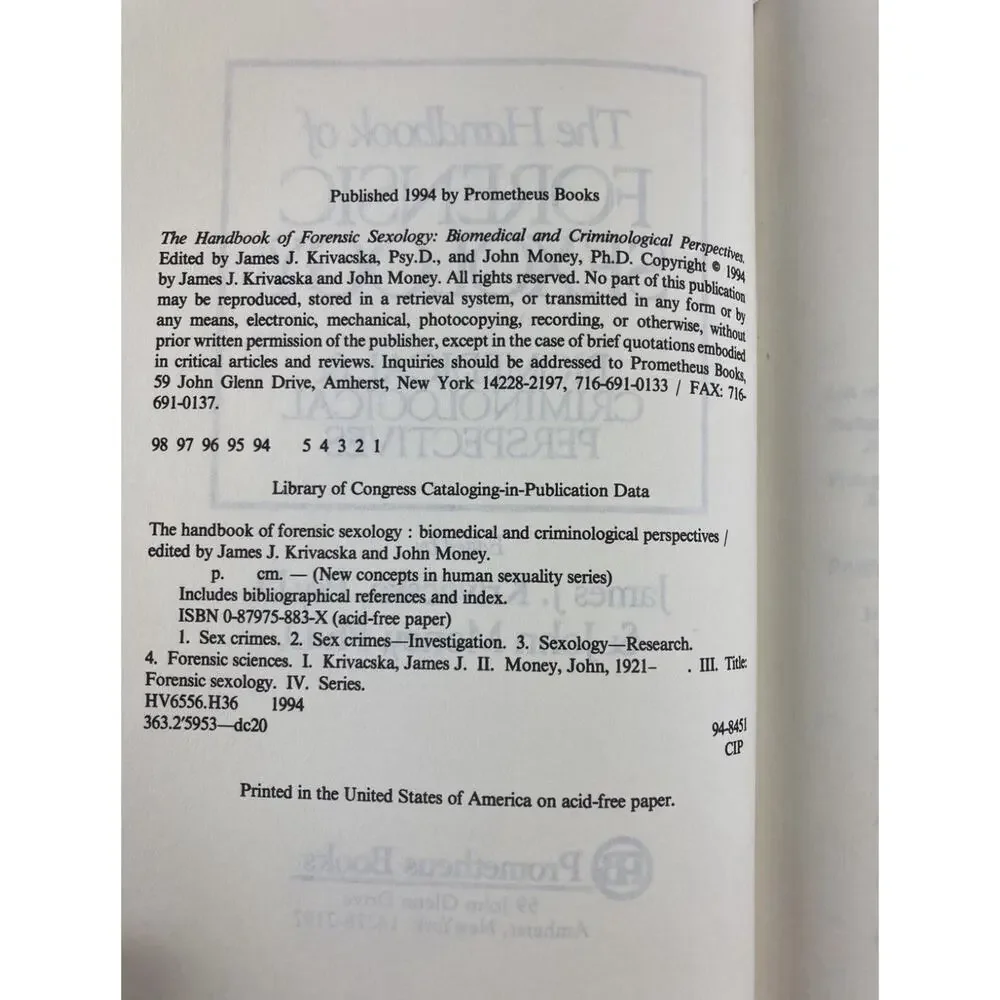 The Handbook of Forensic Sexology By James J. Krivacska & John Money 1994 - Used